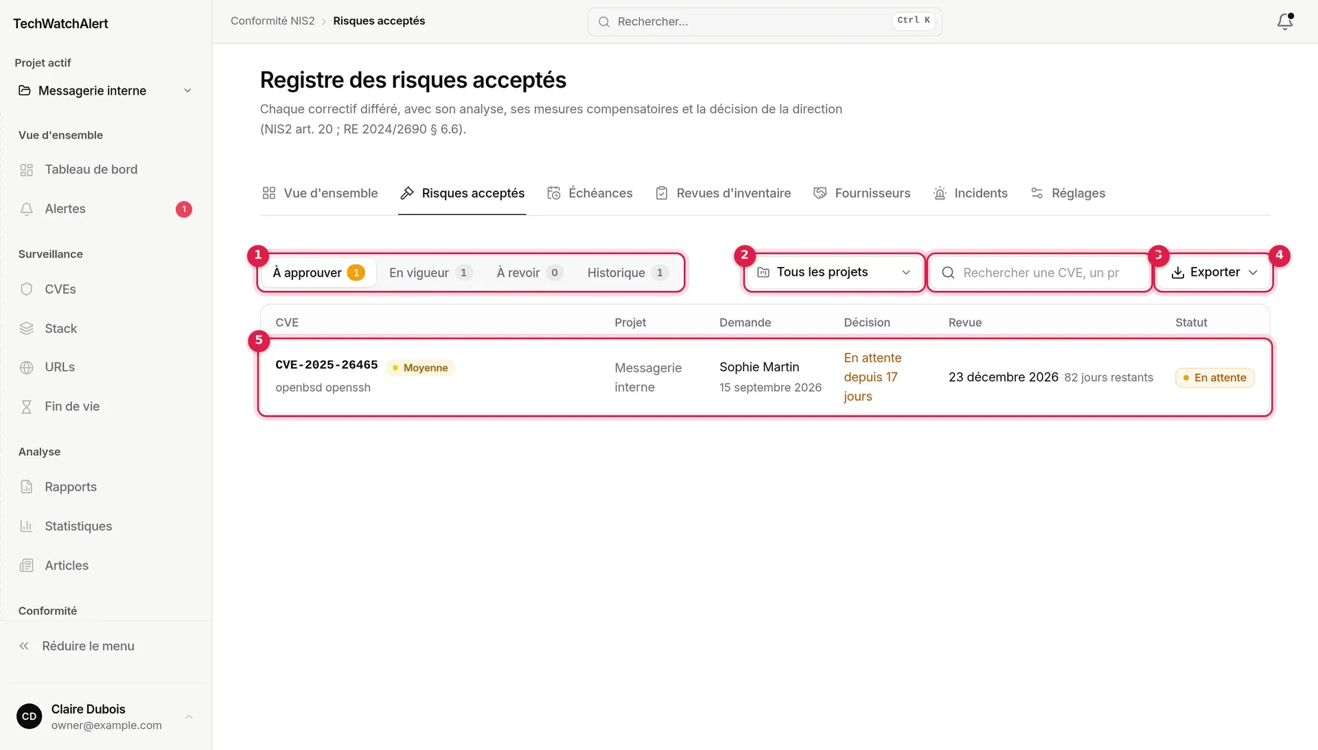 Registre des risques acceptés : onglet À approuver, une demande en attente sur CVE-2025-26465