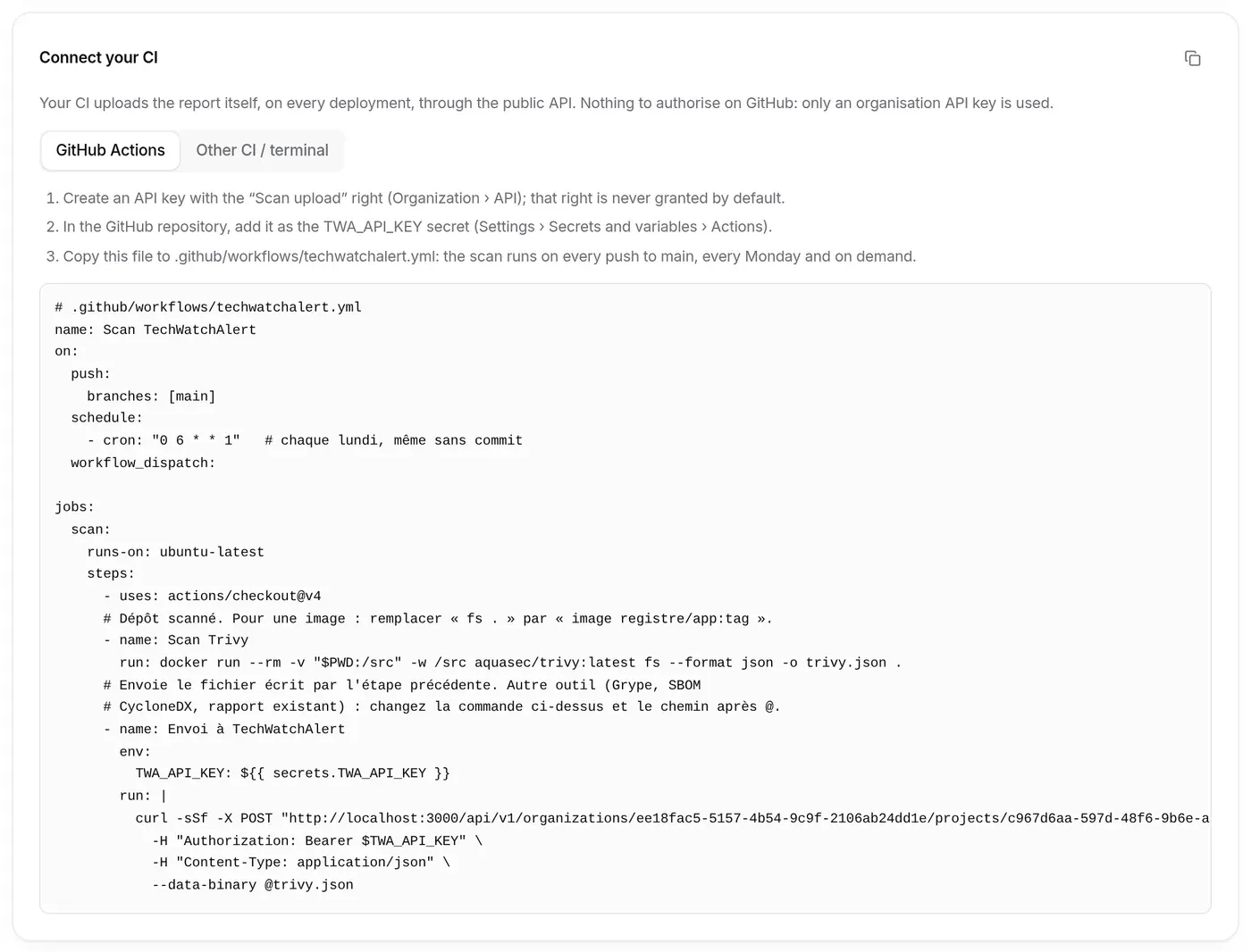 The “Connect your CI” block with the command to copy