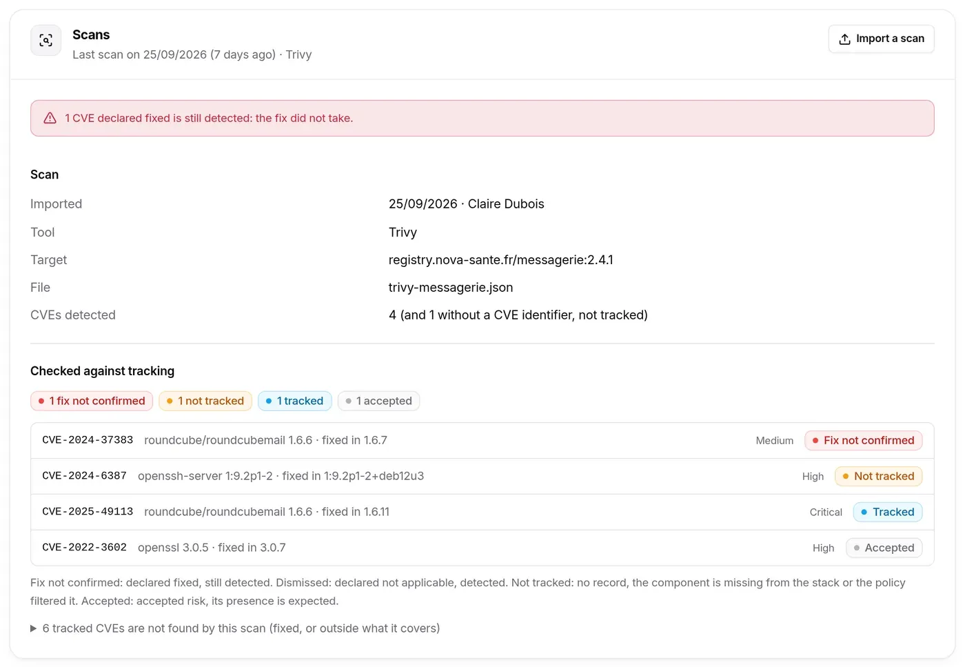 Detail of a Trivy scan checked against tracking records