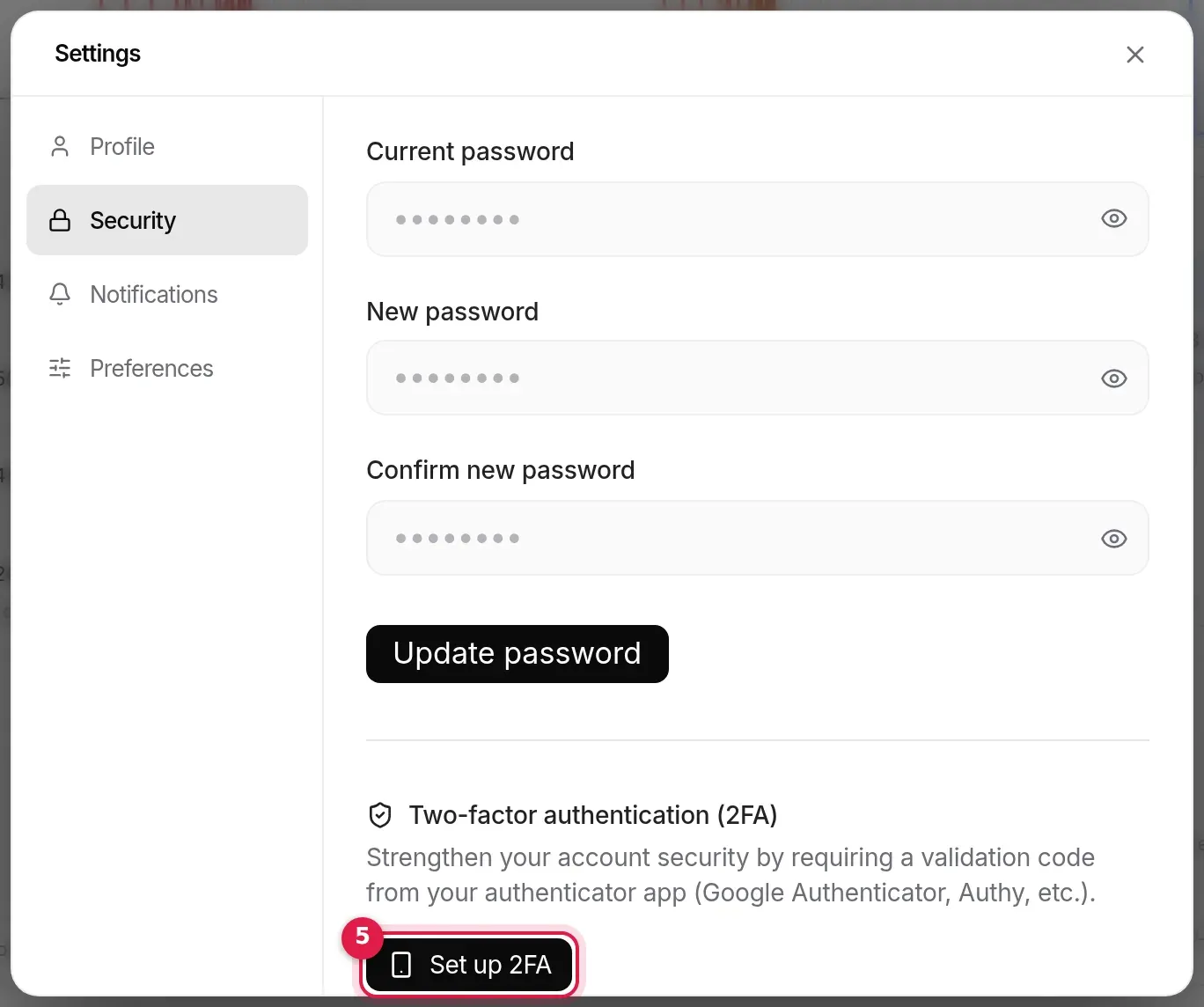 Bottom of the Security tab: Two-factor authentication section, Set up 2FA button