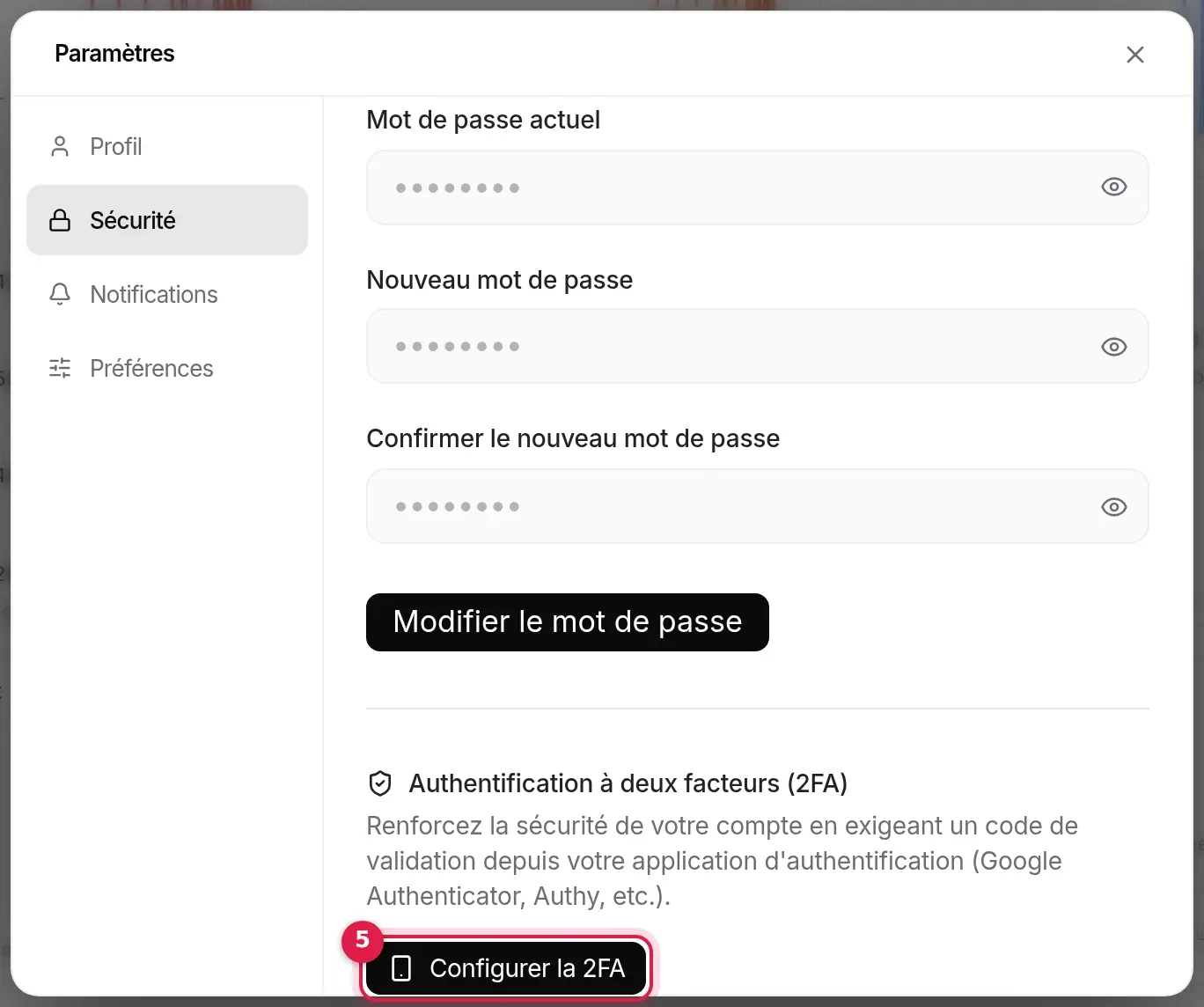 Bas de l’onglet Sécurité : section Authentification à deux facteurs, bouton Configurer la 2FA