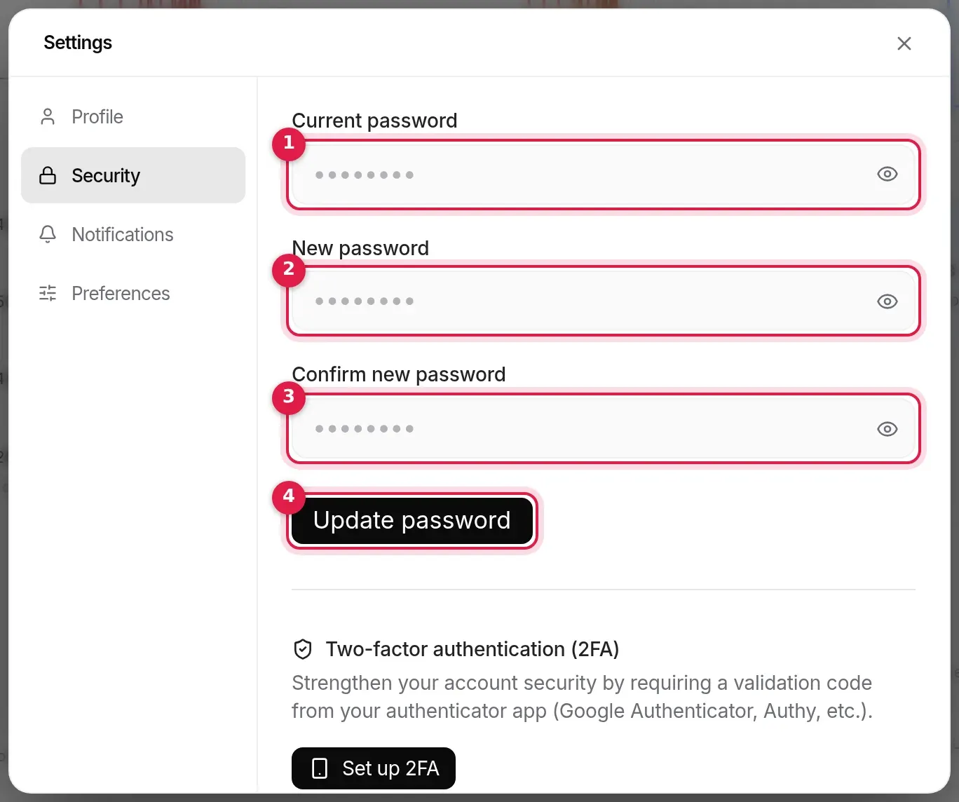 Security tab: current password, new password, confirmation, Update password button