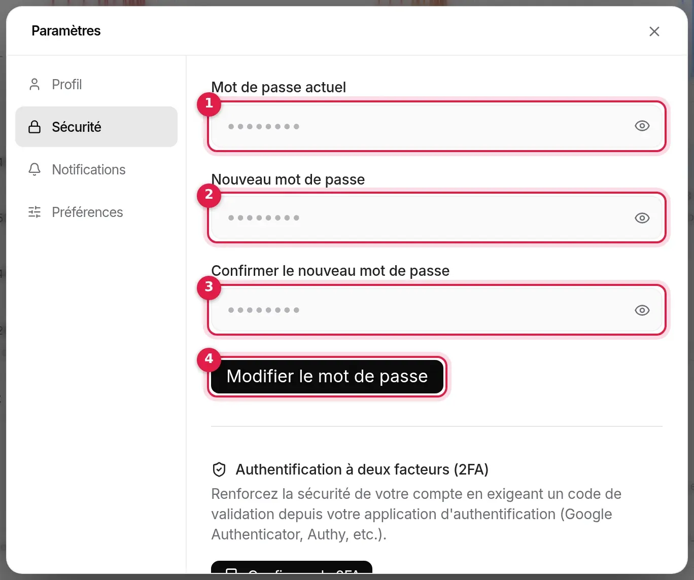 Onglet Sécurité : mot de passe actuel, nouveau mot de passe, confirmation, bouton Modifier le mot de passe