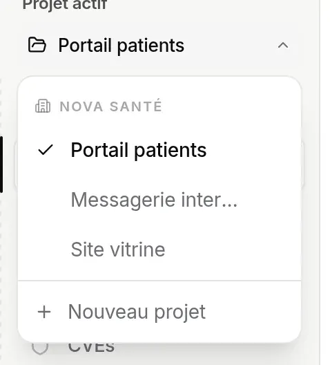 Le sélecteur de projet ouvert, avec « Nouveau projet » en bas