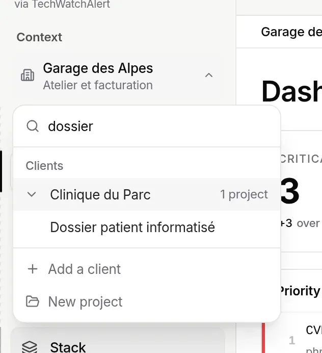 Search “dossier”: the client Clinique du Parc is shown, expanded on its project