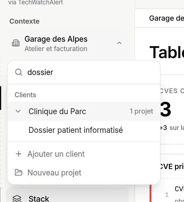 Recherche « dossier » : le client Clinique du Parc s’affiche, déplié sur son projet