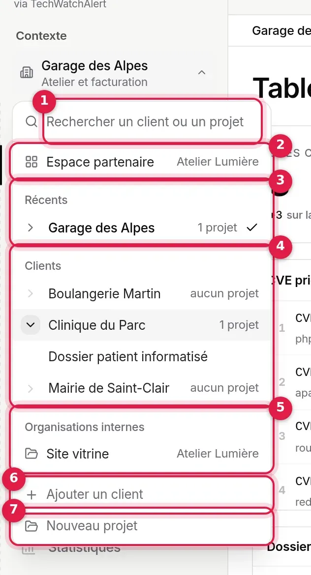 Sélecteur de contexte ouvert, avec ses repères