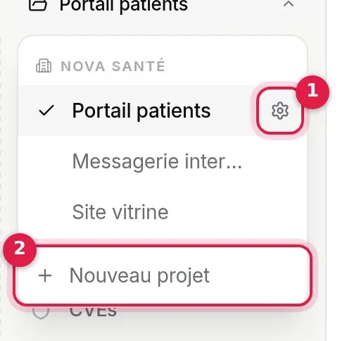 Sélecteur de projet ouvert : projets de Nova Santé, roue dentée des réglages et entrée Nouveau projet