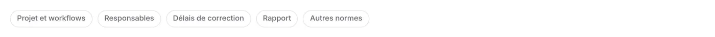 Sommaire : Projet et workflows, Responsables, Délais de correction, Rapport, Autres normes