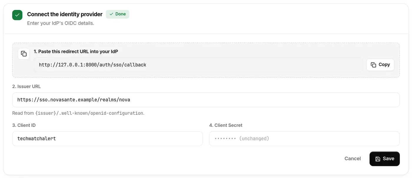 Step 2 in edit mode: redirect URL to paste into the IdP, Issuer URL, Client ID, Client Secret