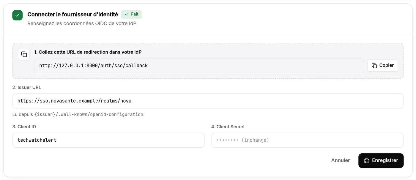 Étape 2 en édition : URL de redirection à coller dans l’IdP, Issuer URL, Client ID, Client Secret