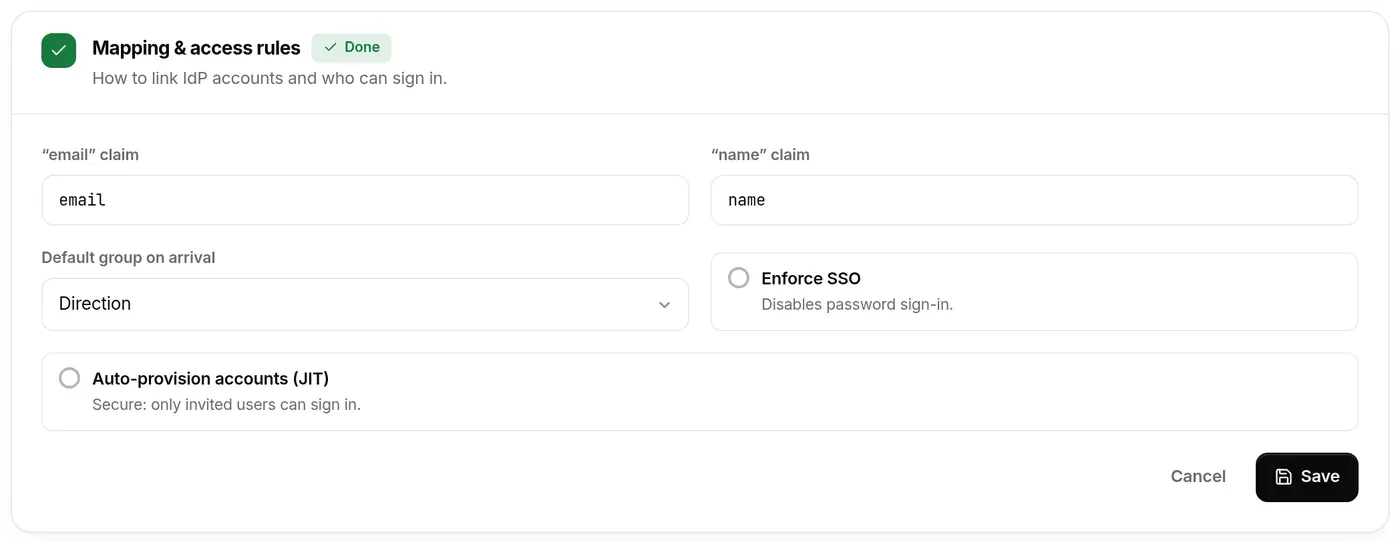 Step 3 in edit mode: email and name claims, default group, Enforce SSO, Auto-provision accounts (JIT)