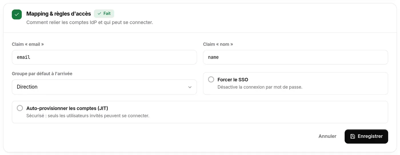 Étape 3 en édition : claims email et nom, groupe par défaut, Forcer le SSO, Auto-provisionner les comptes (JIT)