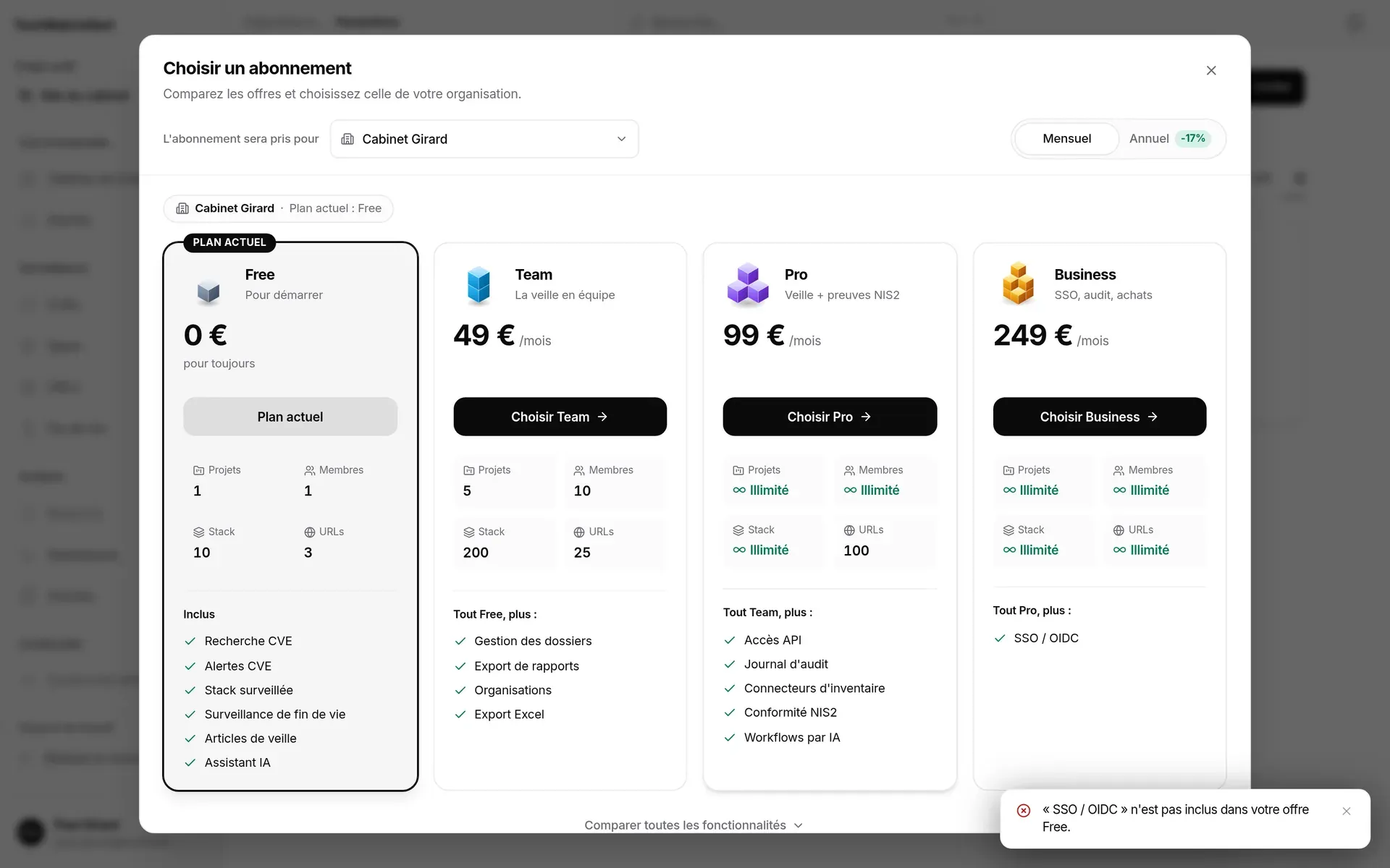 Fenêtre d’abonnement ouverte automatiquement après un refus, avec le message « « SSO / OIDC » n’est pas inclus dans votre offre Free. »