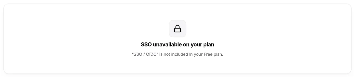 Locked SSO tab: ““SSO / OIDC” is not included in your Free plan.”