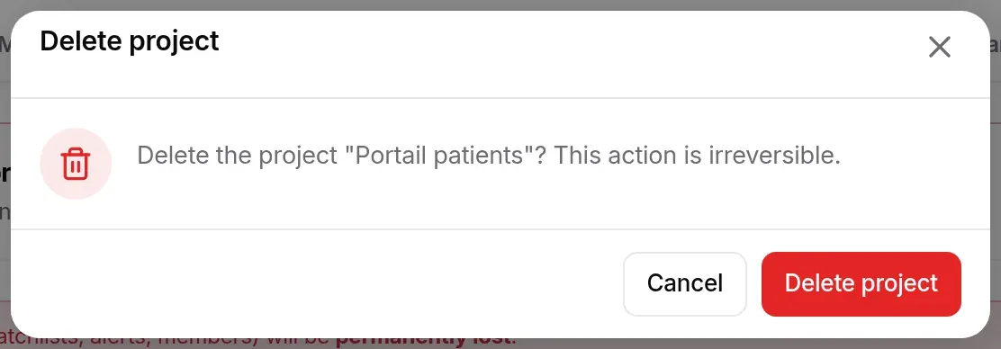 Confirmation window: Delete the project “Portail patients”? This action is irreversible.