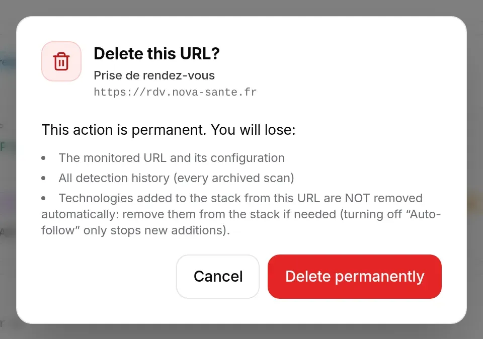 Confirmation to delete the appointment site URL
