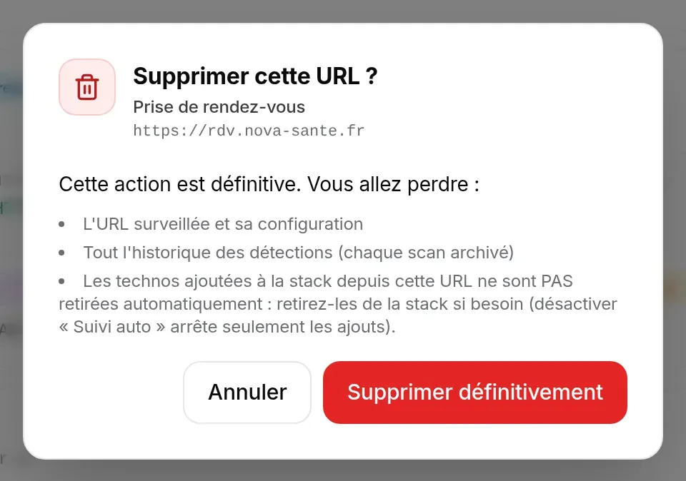 Confirmation de suppression de l’URL de prise de rendez-vous