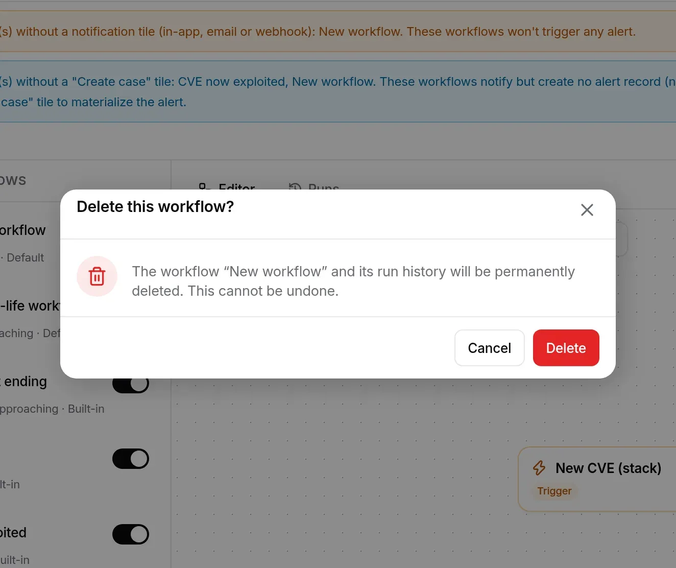 Confirmation window for deleting a workflow