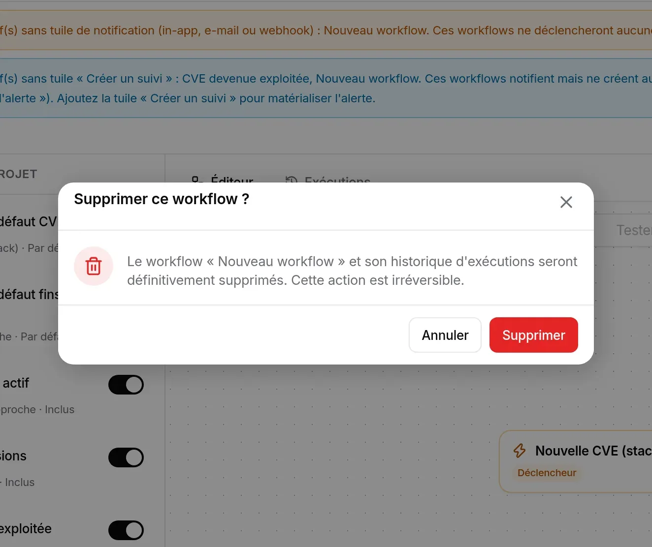 Fenêtre de confirmation de la suppression d’un workflow
