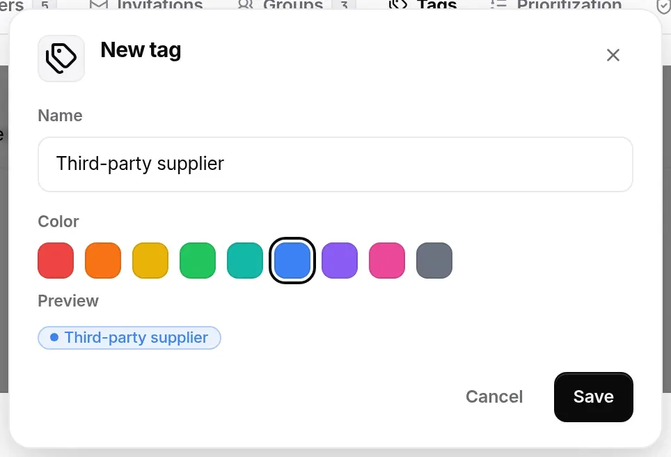 New tag window: name, palette of nine colours, preview