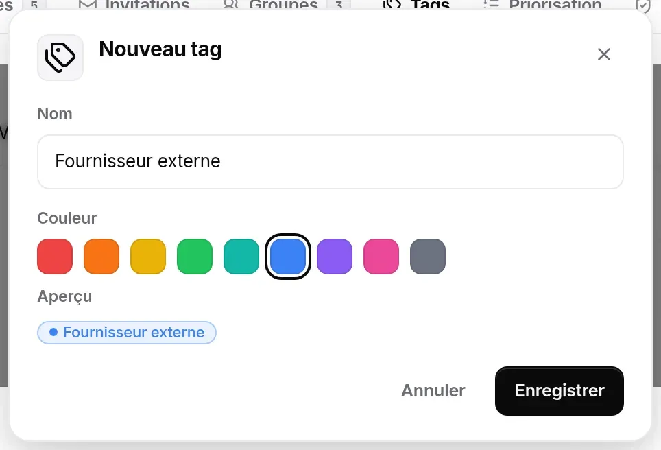 Fenêtre Nouvelle étiquette : nom, palette de neuf couleurs, aperçu