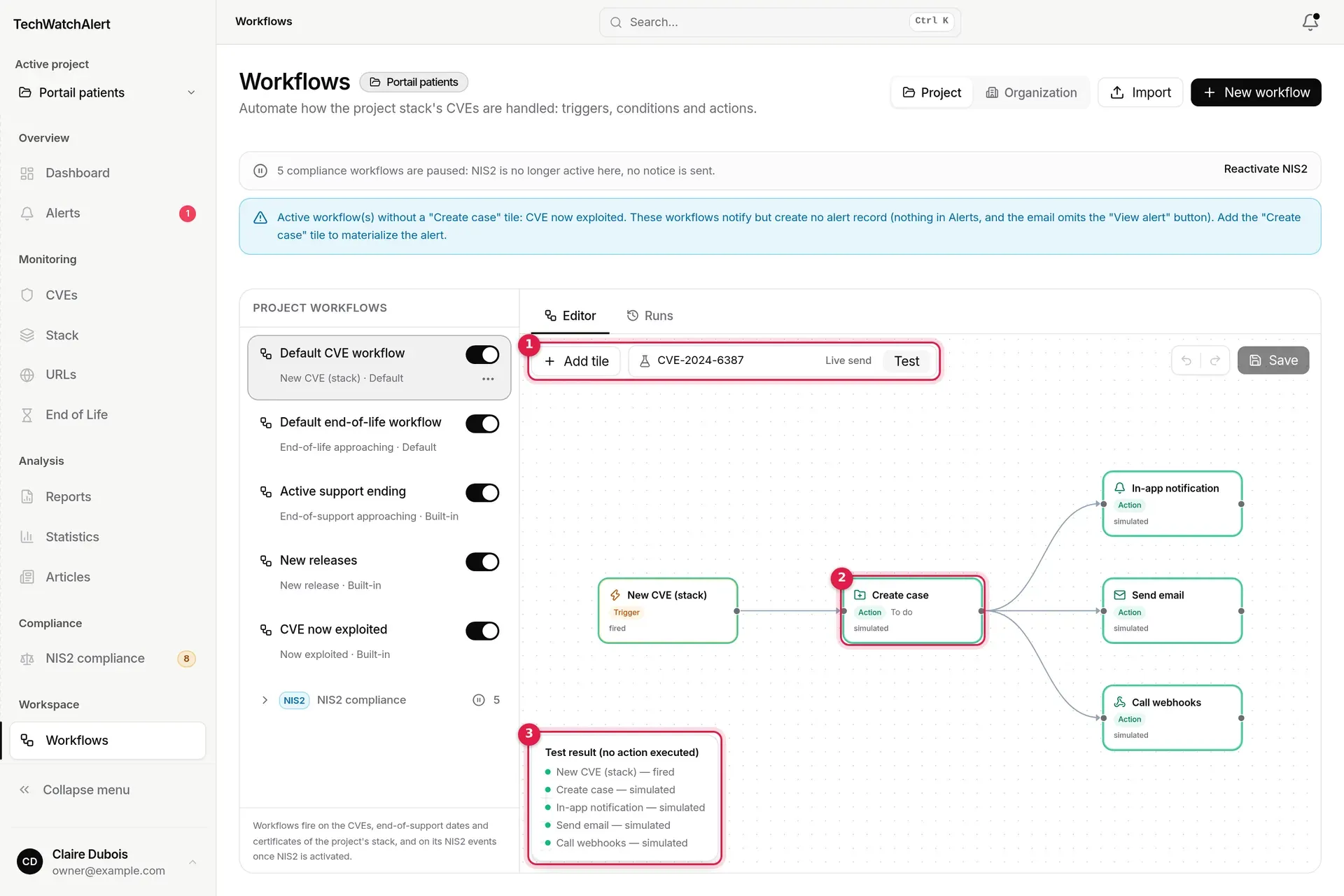 Dry run of the default workflow on CVE-2024-6387: highlighted tiles and test result
