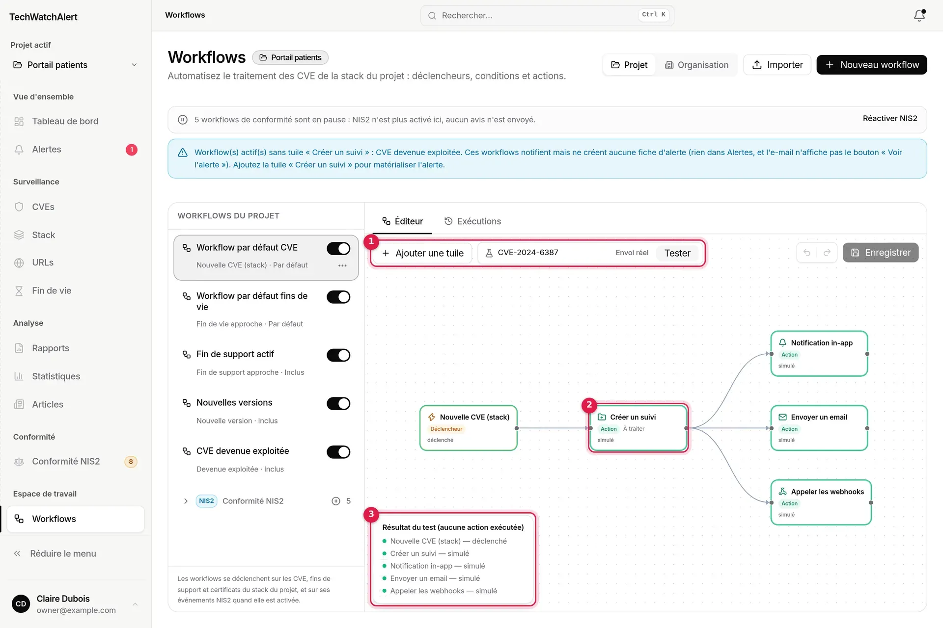 Test à blanc du workflow par défaut sur la CVE-2024-6387 : tuiles parcourues surlignées et résultat du test