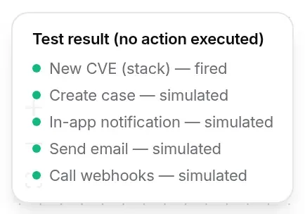 Test result: New CVE (stack) fired, then four simulated actions
