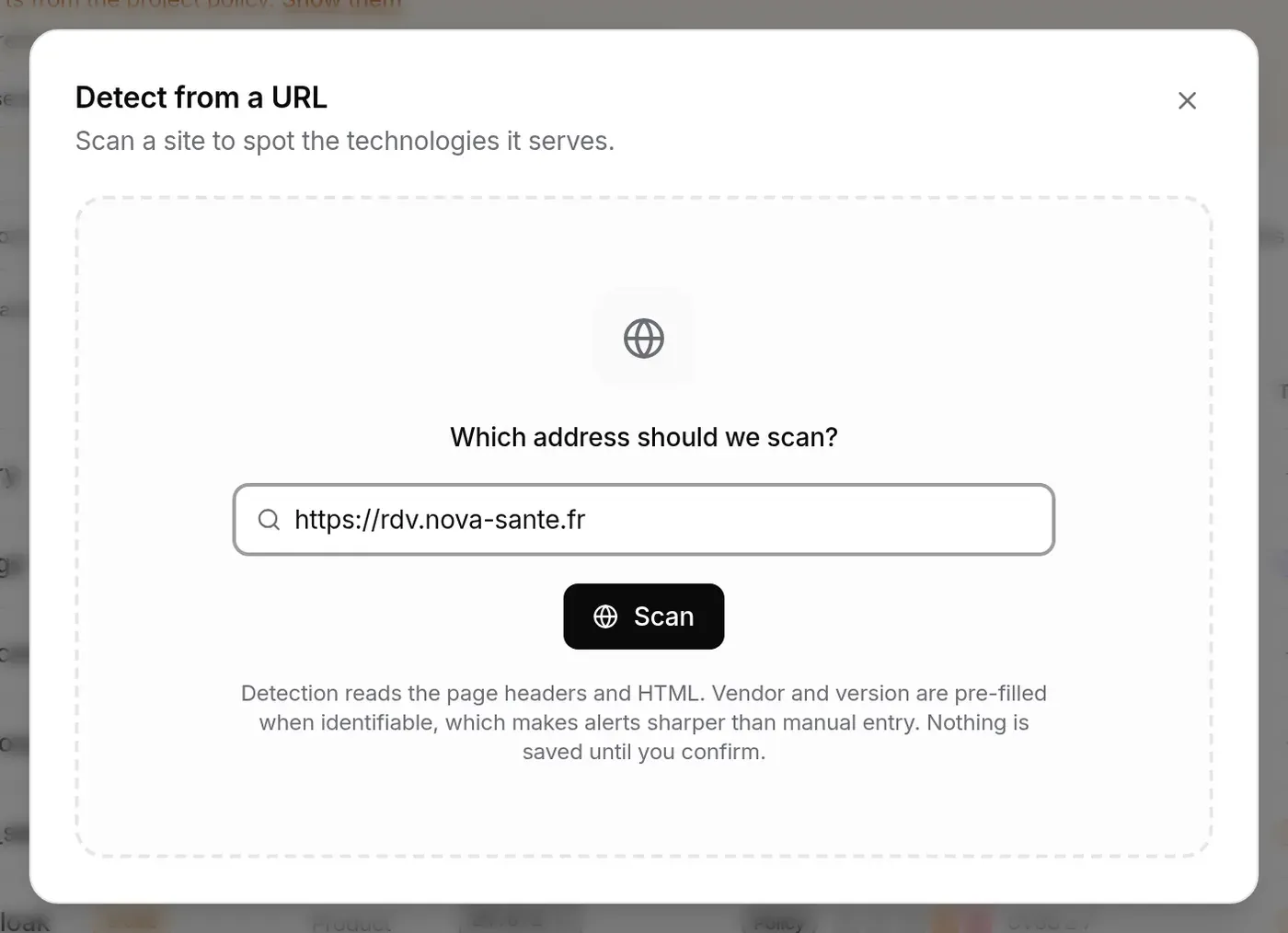 The “Detect from a URL” window, address typed