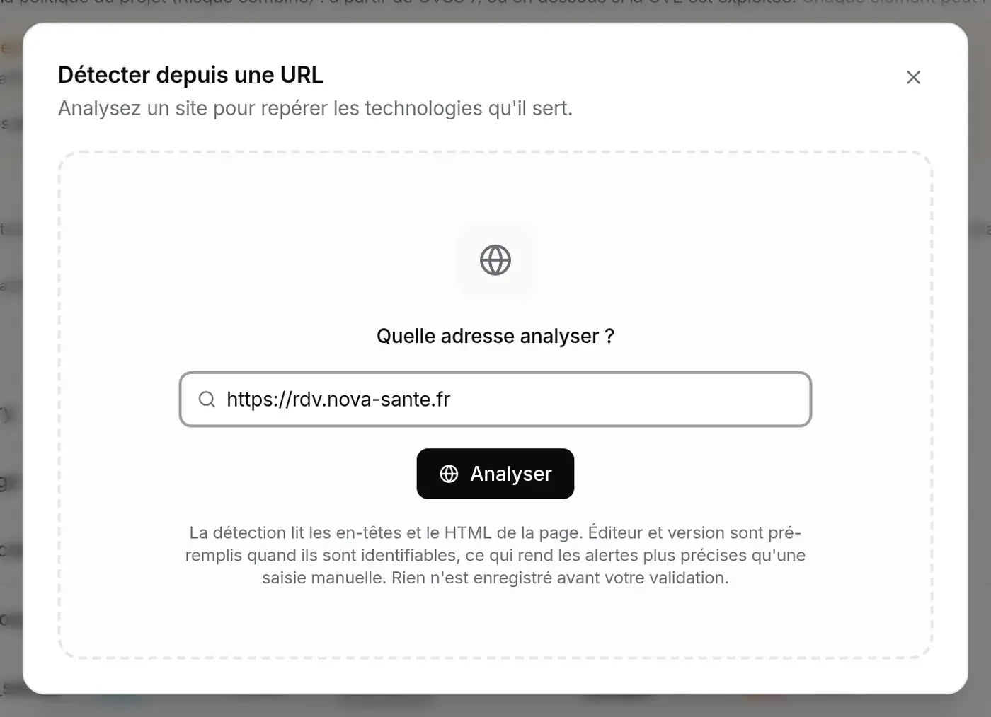 Fenêtre « Détecter depuis une URL », adresse saisie