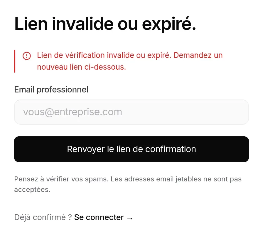 Lien de confirmation invalide ou expiré