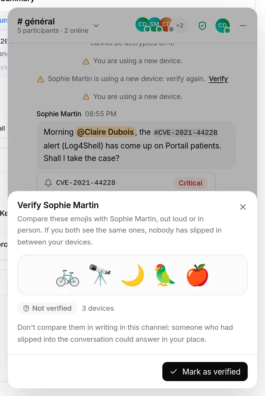 The “Verify Sophie Martin” window: the emojis for this pair