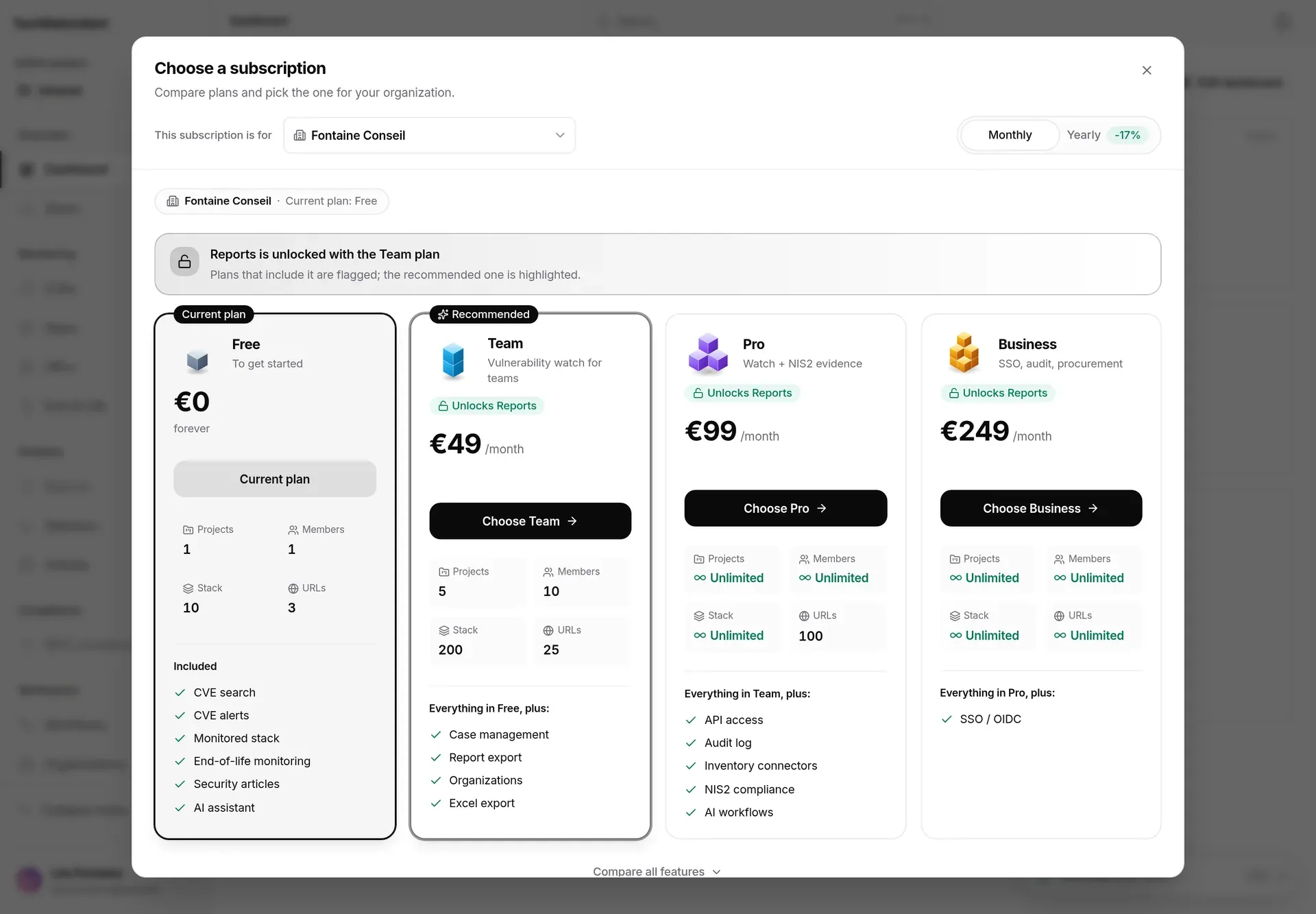 The subscription window opened from the locked “Reports” entry