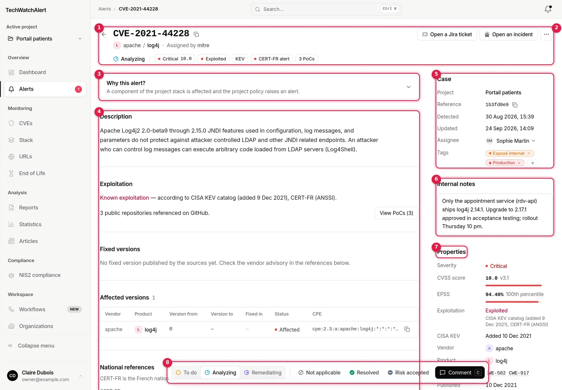 Alert record for CVE-2021-44228 in the Portail patients project