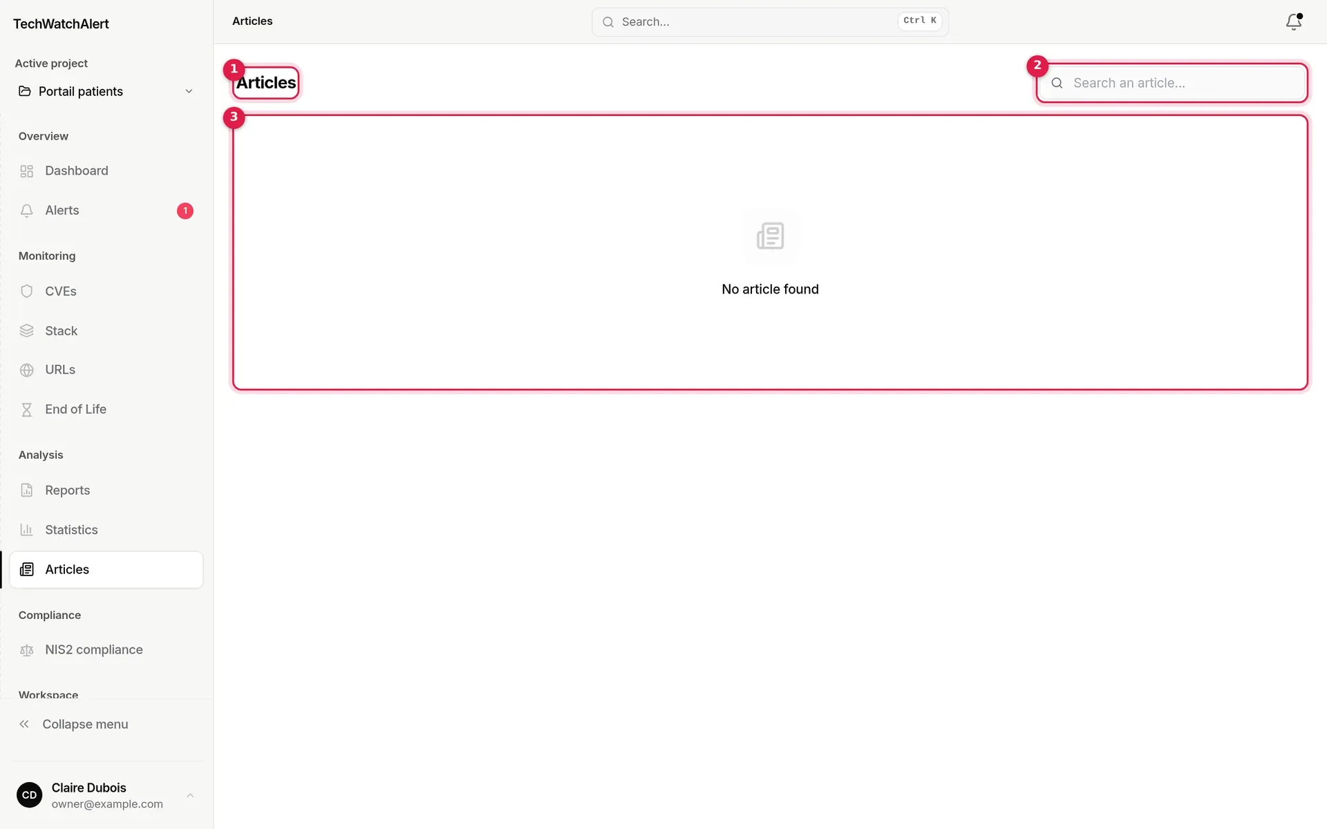 Articles page of the demo database, with no articles