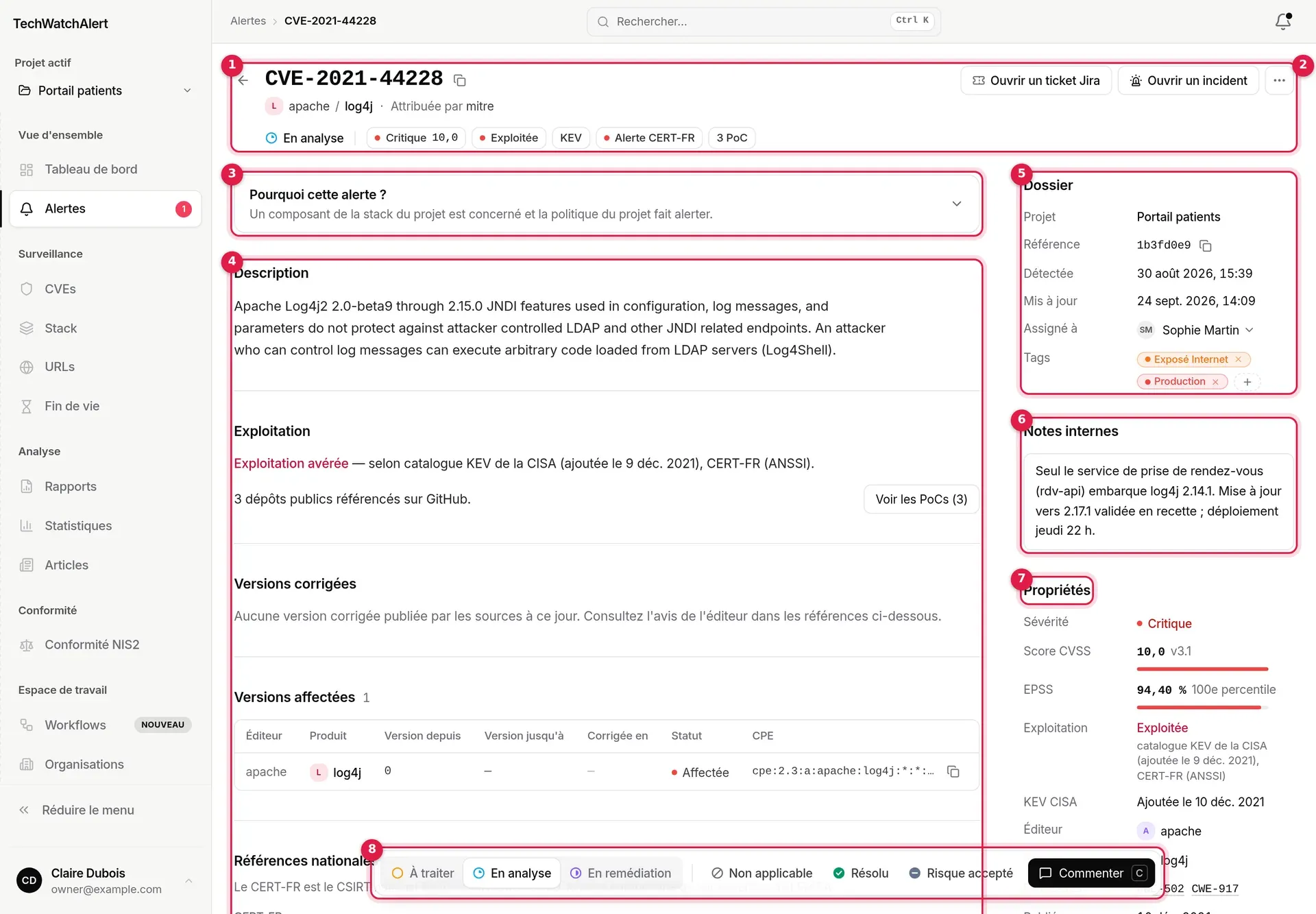 Fiche d’alerte de CVE-2021-44228 dans le projet Portail patients