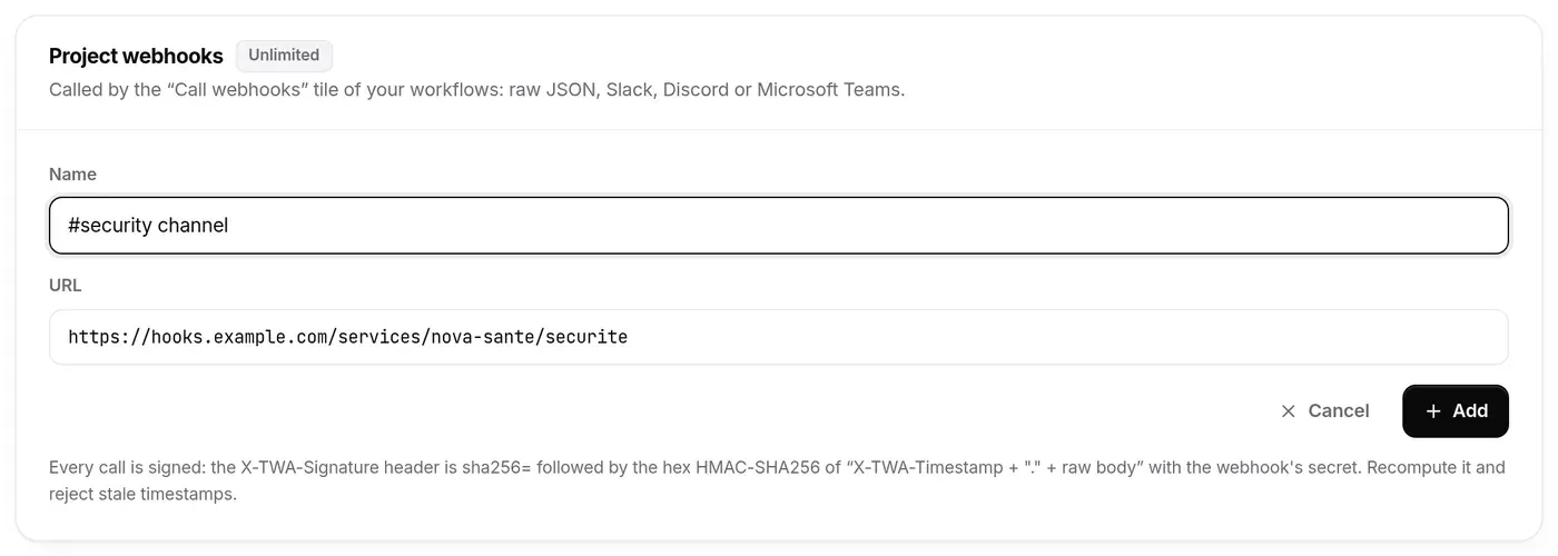 Webhook creation form: name and URL