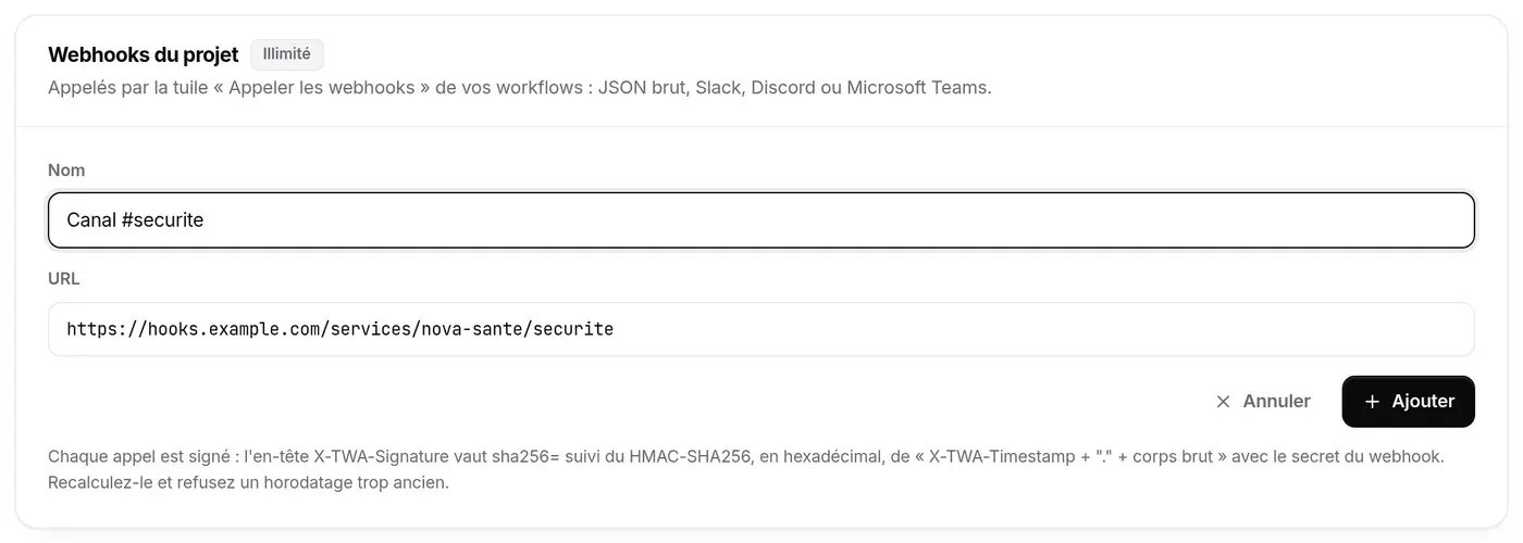 Formulaire d’ajout d’un webhook : nom et URL