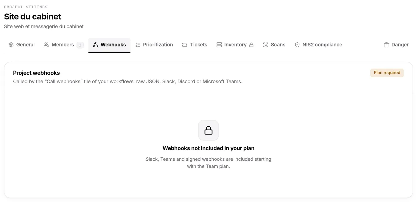 Webhooks tab of a project on Free: Webhooks not included in your plan