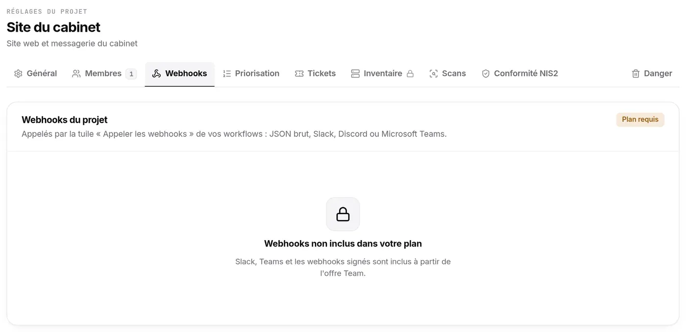Onglet Webhooks d’un projet à l’offre Free : Webhooks non inclus dans votre plan