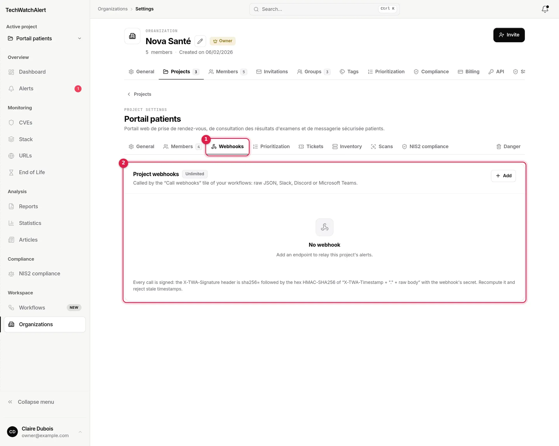 Portail patients project settings, Webhooks section