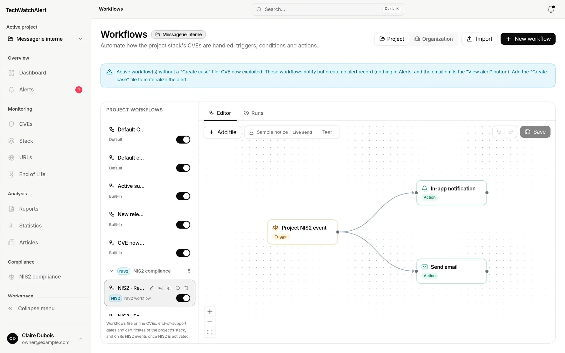 Workflows page: NIS2 compliance group expanded, “NIS2 · Remediation due dates” workflow open