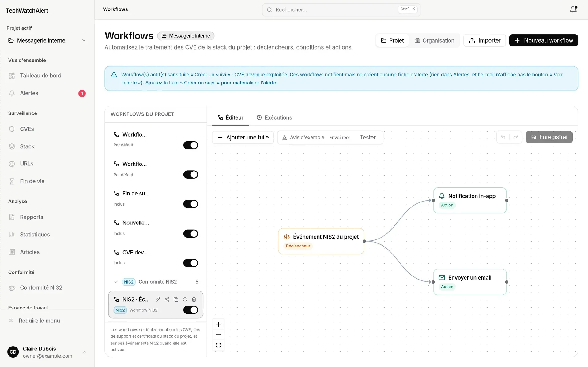 Page Workflows : groupe Conformité NIS2 déplié, workflow « NIS2 · Échéances de correction » ouvert