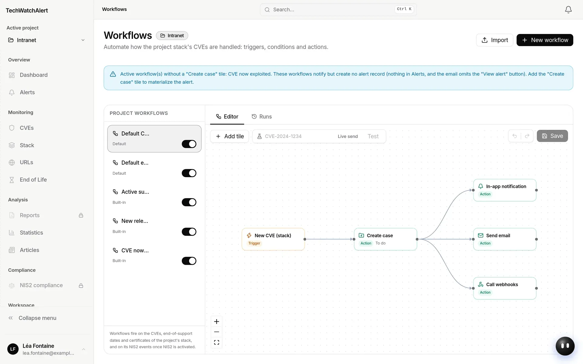The Workflows page of a new project and the default CVE workflow